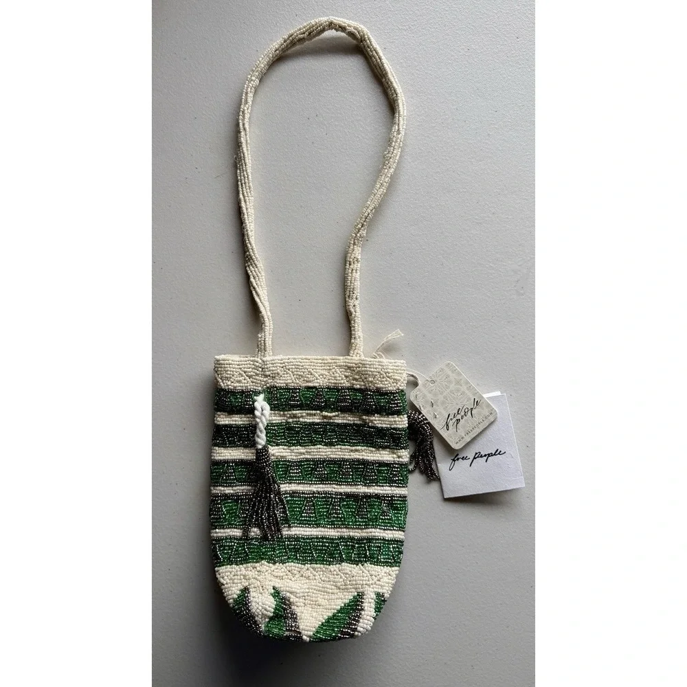 FREE PEOPLE Beaded Tassel Pouch NWT Green Ivory Drawstring Beaded Bag - Picture 4 of 13